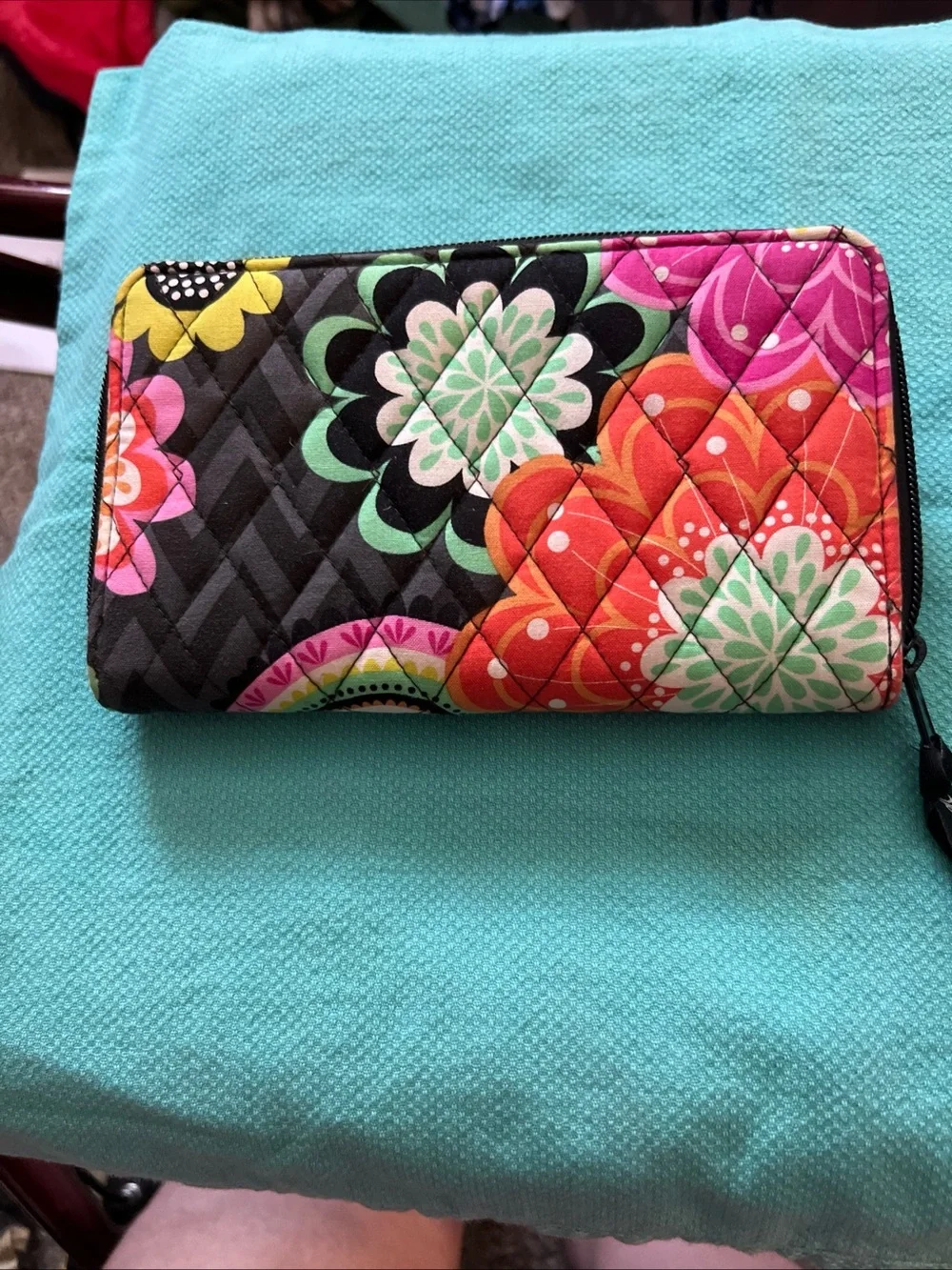 Vera Bradley Quilted Floral Zip Wallet in Hot Pink, Black and Yellow